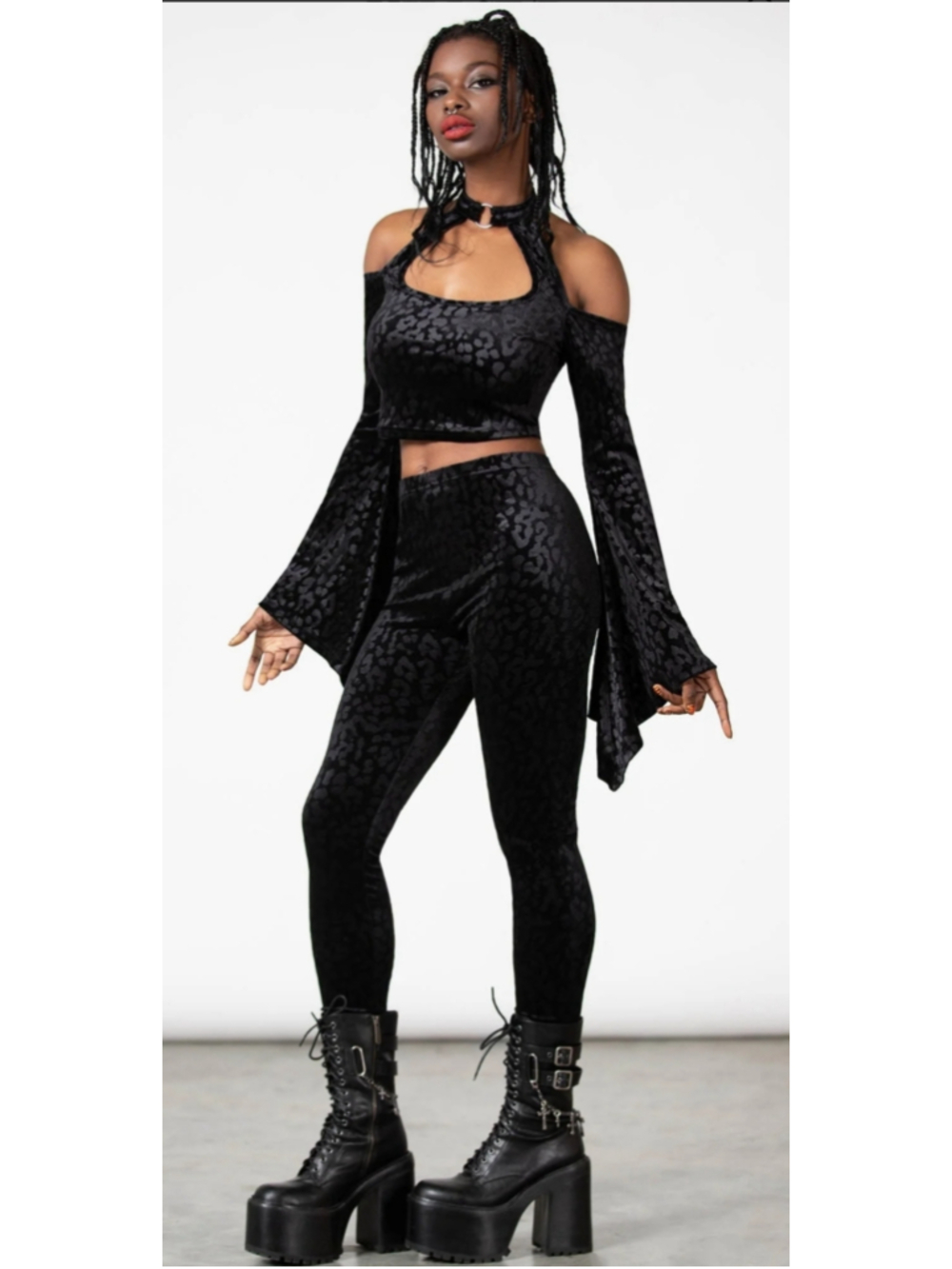 Killstar Black Velvet Caturday Leggings Size L NWOT
